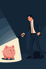 Metaphor financial planning. Businessman flashlight illuminates piggy bank. Investment search, finding savings, wealth accumulation. Economic discovery for future growth. Financial solutions.