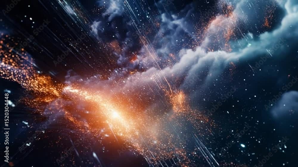 Poster dynamic visuals of fiery energy and ethereal cloudscapes merging in a vibrant space scene