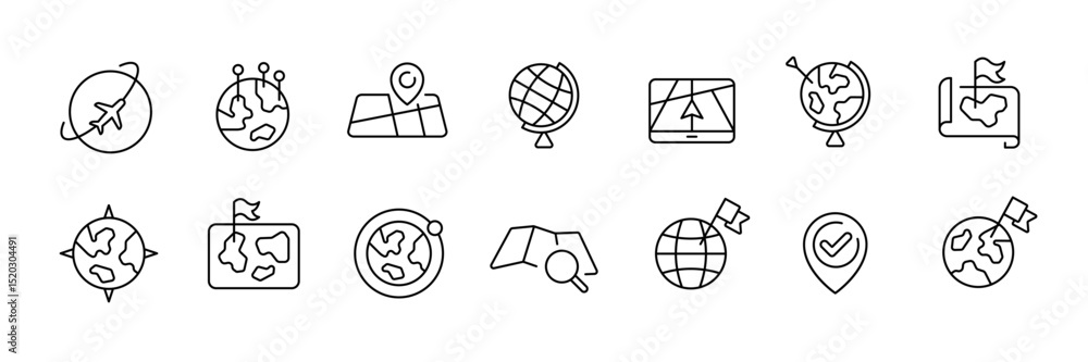 Poster travel and navigation icons for global adventure design and mapping