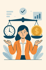 Work-life balance concept: Businesswoman weighs time vs money on scale. Financial choice, investment strategy, career priority. Time management. Value decision. Modern flat vector illustration.