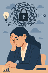 Creative Block Frustration. Stressed Businesswoman with Tangled Thoughts. Mental Exhaustion. Idea Incubation. Professional Burnout. Confusion. Deadline Pressure.