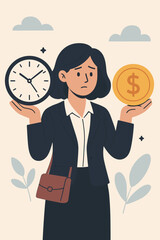 Businesswoman balancing time and money concept illustration, stress work finance dilemma, clock and coin decision making, time management and financial planning