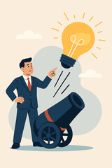Entrepreneur launching brilliant idea. Lightbulb shot from cannon: innovation, startup, new project. Business strategy, creativity, inspiration, solution, breakthrough. Vector art.