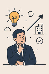 Businessman thinking idea. Lightbulb innovation. Brainstorming for company growth strategy. Entrepreneur planning success. Upward arrow progress. Office building icon. Cycle refresh. Checkmark.
