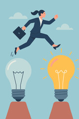 Businesswoman Leaping Over Light Bulbs: Creative Idea, Innovation, Solution, Imagination, Ambition, Success, Opportunity, Growth, Leadership, Challenge, Vision