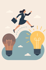Innovative Leap Forward: Businesswoman jumps from dim to bright lightbulb. Concept of new ideas, progress, creativity, problem-solving, career growth, inspiration, and success in business.