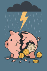 Broken piggy bank symbolizes financial crisis. Economic storm, lost savings, and investment ruin. Metaphor for bankruptcy, debt, money problems, and economic downturn. Financial risk and misfortune.