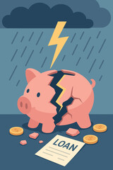 Broken piggy bank with lightning bolt and rainstorm, shattered savings concept with coins and loan paper, financial crisis, debt, money problem, banking collapse illustration