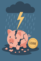Shattered piggy bank concept of financial crisis. Broken savings, debt, and loan despair under a storm cloud with lightning. Economic hardship, bankruptcy, and money problems illustration.
