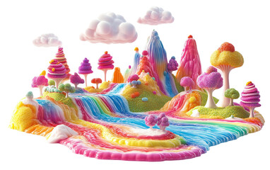 A whimsical candy mountain landscape featuring colorful hills and a fantastical jellybean tree creating a dreamlike world of sugary imagination isolated on transparent background PNG