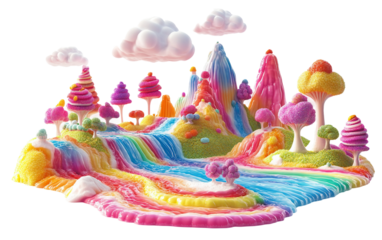 A whimsical candy mountain landscape featuring colorful hills and a fantastical jellybean tree creating a dreamlike world of sugary imagination isolated on transparent background PNG