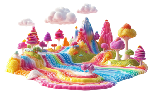 A whimsical candy mountain landscape featuring colorful hills and a fantastical jellybean tree creating a dreamlike world of sugary imagination isolated on transparent background PNG