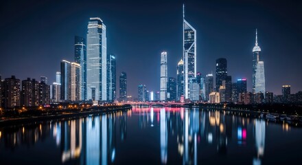 Naklejka premium Night cityscape reflecting illuminated skyscrapers and city lights over calm water with a dark blue sky backdrop