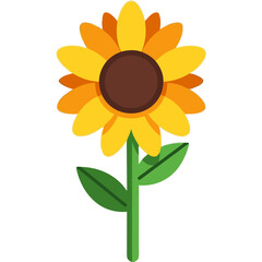 Cartoon Sunflower with Brown Center Yellow and Orange Petals Green Stem and Leaves