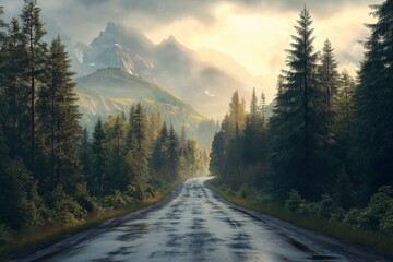 Scenic Drive through Forested Mountains. Misty Wet Roads at Sunset