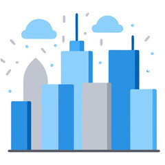 Obraz premium Stylized Cityscape Illustration with Blue Buildings and Clouds