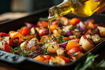 Healthy Vegetable Medley. Roasted Organic Carrots, Peppers & Red Onion in Olive Oil. Nutritious Vegetarian Dish with Fresh Herbs. Tasty and Flavorful Autumn Meal