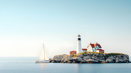 Coastal Landscape With Lighthouse And Sailboat