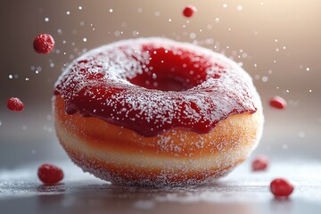Raspberry Glazed Donut. Sweet & Sugary Dessert with Icing and Sprinkles in Bakery Display