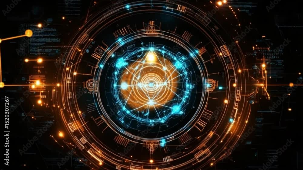 Poster futuristic tech visual: abstract data network core with blue and gold details