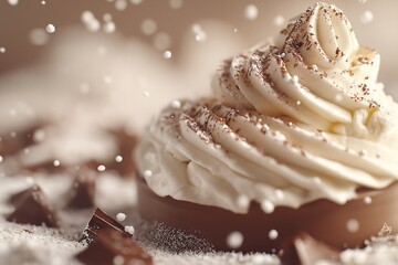 Indulge in Holiday Treats. Whipped Cream Chocolate Dessert with Sprinkles & Cocoa Powder