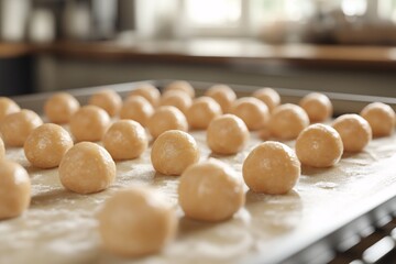 Delicious Homemade Cookies Dough Preparation in Kitchen. Golden Round Treats on Baking Paper