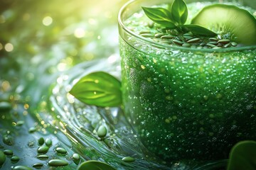 Refreshing Green Smoothie with Cucumber and Seeds. A Nutrient-Rich, Antioxidant-Packed Drink for a Healthy Lifestyle - Featuring Vibrant Basil and Fresh Ingredients in Macro Food Photography