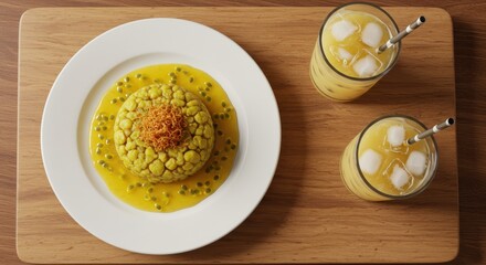 Colorful culinary presentation of layered dessert with mango puree and creamy texture on white plate beside refreshing drinks on wooden table