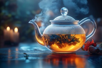 Cozy Tea Time. Aromatic Herbal Tea in Elegant Glass Teapot with Autumn Leaves and Candlelight for Winter Warmers and Relaxation