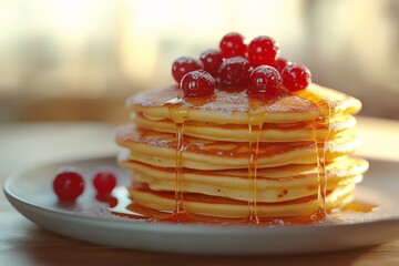 Delicious Homemade Pancakes with Berries and Syrup Perfect Breakfast or Brunch Delight with Fluffy, Golden Brown Stacks