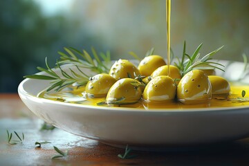 Premium Quality Olive Oil Dipping - Fresh Herbs & Green Olives for Gourmet Mediterranean Cuisine