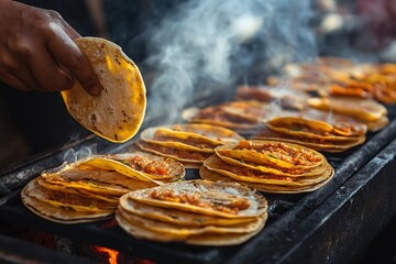 Grilled Tacos with Vibrant Tortillas. Mexican Street Food Delight. Gourmet Grilling Experience with Spices and Flavors