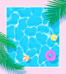 Summer vector background. Pool with blue water, float, ball and palm leaf. Shining turquoise rippled water and rubber ring illustration.