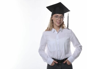 Happy student after graduation on white background. Space for text