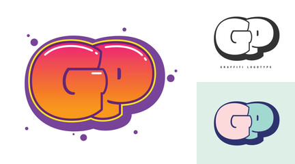 GP logo design for festival or party. Initial letter g and p in graffiti style. Creative modern lettering company name of font typography. Kids trendy logotype or identity.