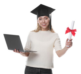 Happy student with diploma and laptop after graduation on white background