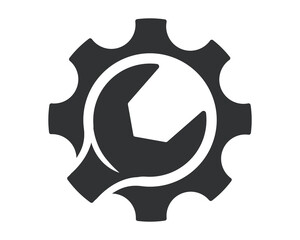 A symbolic image of a gear encompassing a wrench, perfect for illustrating engineering, repair services, or industrial processes. Clean, minimal style. Use for tech, maintenance themes.