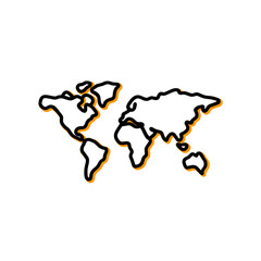 World map outline in black and orange on a white background