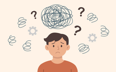 Confused Man with Tangled Thoughts, Mental Health Concept, Flat Vector Illustration