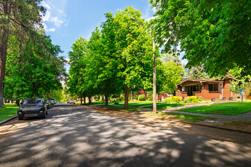 A tree lined residential street of historic mid century homes across from Manito Park in the downtown district of Spokane, Washington, USA.