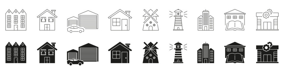 Various Building Types Line And Solid Icon Set. Residential, Industrial, Educational Structures Silhouette Symbol Collection. Architecture And Infrastructure Elements. Isolated Vector Illustration