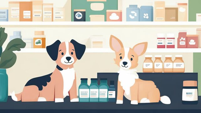 Cartoon Dogs at Veterinary Pharmacy with Medicine Bottles and Shelves Filled with Pet Supplies, Vector Illustration for Animal Healthcare