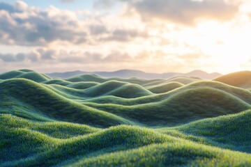 Serene Countryside Landscape at Sunset. Vibrant Green Hills and Tranquil Meadows in Nature Photography
