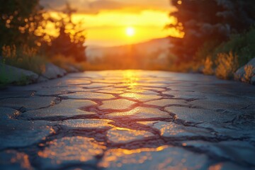 Serene Sunset Pathway. Tranquil Nature Photography with Scenic Landscape & Reflective Water - Perfect for Countryside Exploration & Travel