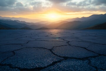 Sunset over Cracked Ground. Capturing the Vast Beauty of Mountain Landscapes and Colorful Skies