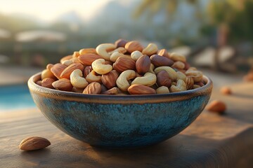Delicious Mix of Nuts. Almonds & Cashews in a Blue Bowl - A Healthy, Nutritious, and Savory Snack Option