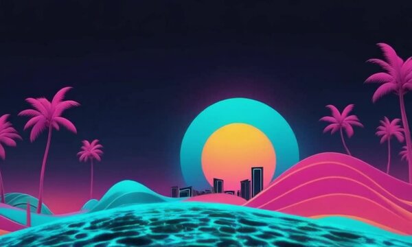"Futuristic Neon Summer Paradise &ndash; 4K Loop Animation"
A surreal, futuristic summer animation featuring neon waves, glowing tropical plants, and a sci-fi beach city skyline at sunset. The vibrant syn
"