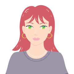 Beautiful stylish girl with a red hair and green eyes wearing grey t-shirt, flat design portrait isolated vector illustration.