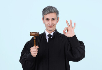 Judge with mallet showing ok gesture on light blue background