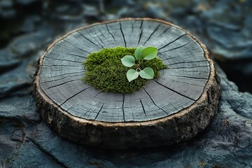 Mossy Wood Stump with Green Plants. Organic Texture and Biodiversity in a Tranquil Woodland Landscape